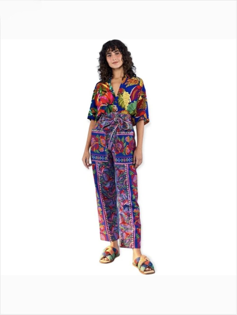FARM Rio Macaw Flight Pants L Belted Paperbag Floral Parrots Tropical Pockets